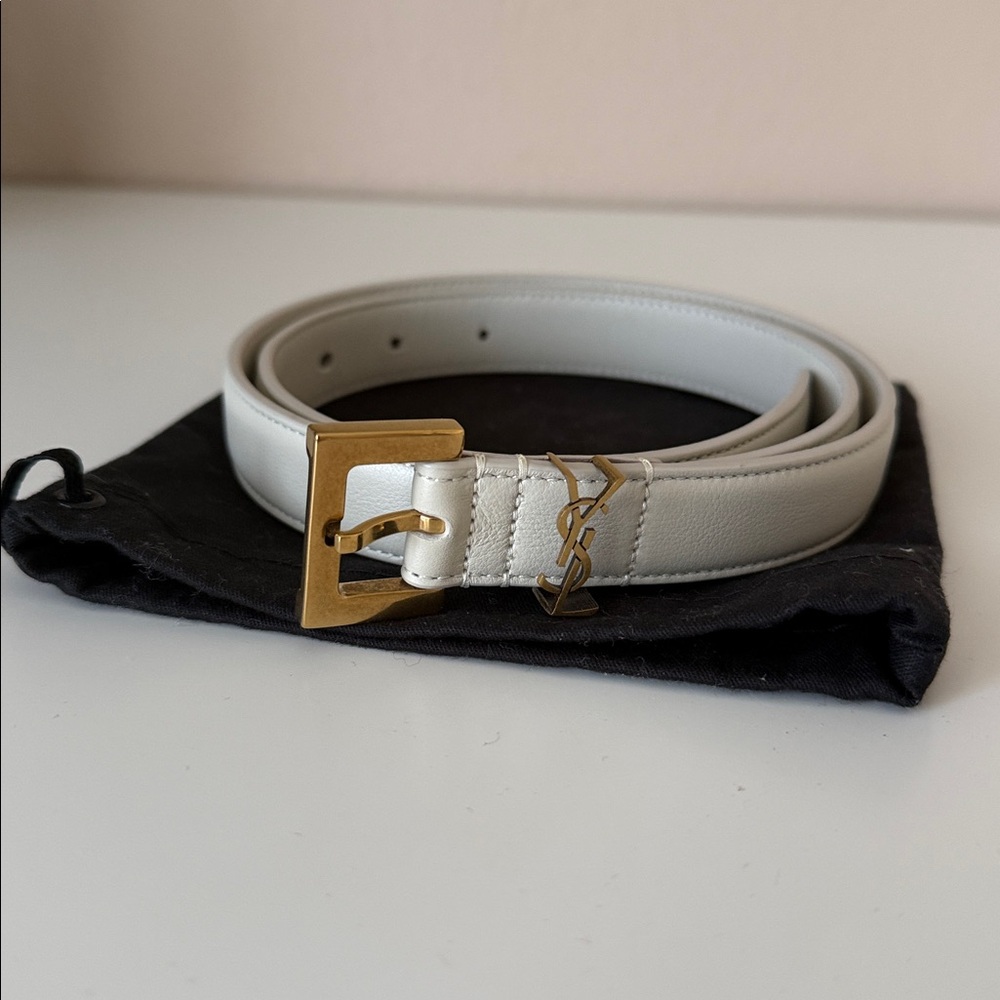 YSL Blanc Vintage Cassandre Thin Leather Belt 70